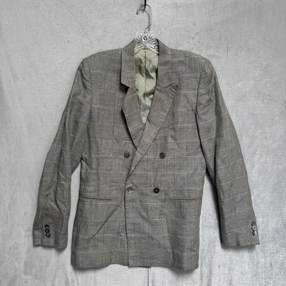 Alan Austin Blazer Mens 42 Linen Plaid Double Breasted Sport Coat Made Italy